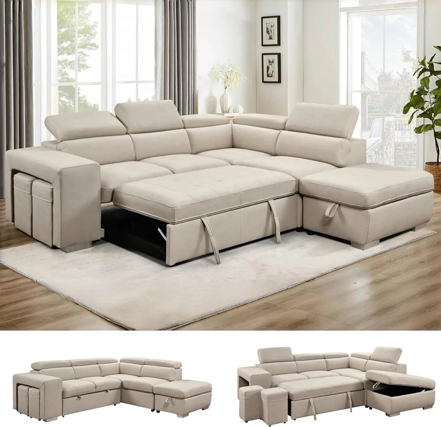 104'' Microfiber L Shaped Sectional Sleeper Sofa Couch with Pull Out Bed and Storage Ottoman, Convertible Couches with