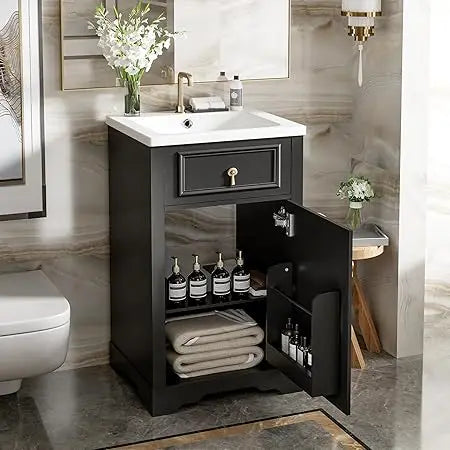 Contemporary 20-Inch Bathroom Vanity Set with Single Sink, Solid Wood Cabinet, Soft Closing Door and Adjustable Features