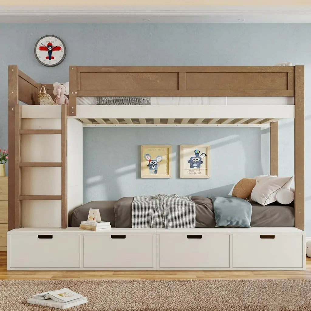 Twin Over Twin Bunk Bed with 4 Drawers for Kids, Wood Twin Bunk Beds with Wardrobe and Full-Length Guardrails, Beige+Natural