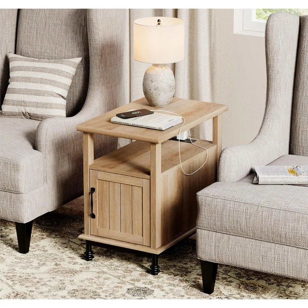 Set of 2 End Tables with Charging Station, Sofa Side Tables with Storage Cabinet for Living Room, Light Wood Bedside Table