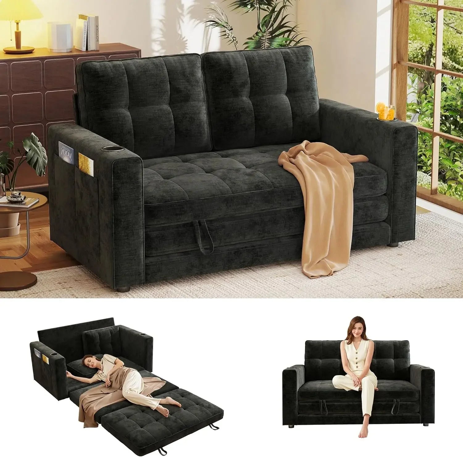 55" Convertible Sofa Bed Pull out Couch Love Seat Sleeper Bed Small Fold out Sofa with Cup Holder Home Living Room Furniture