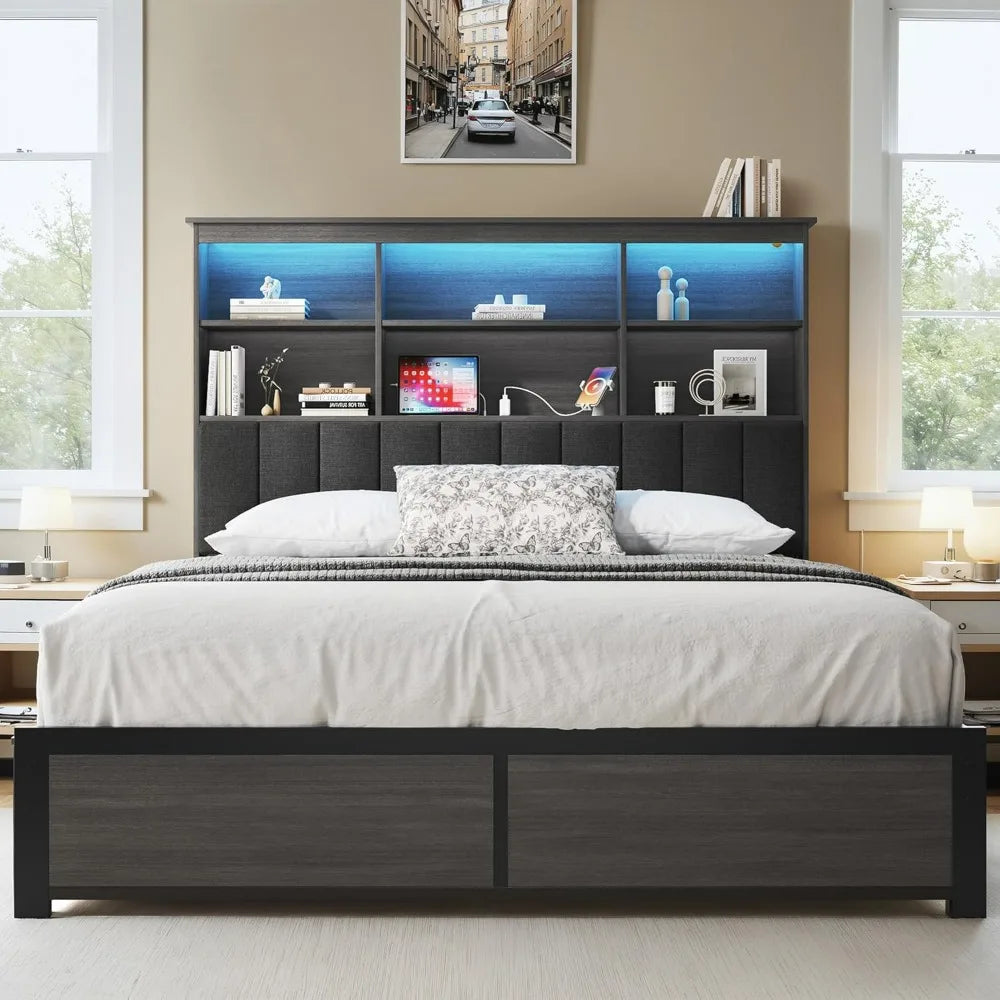Wooden Queen-Size Bed Frame with Storage Headboard, High Bookcase, 4 Drawers, LED Lights, and Charging Station