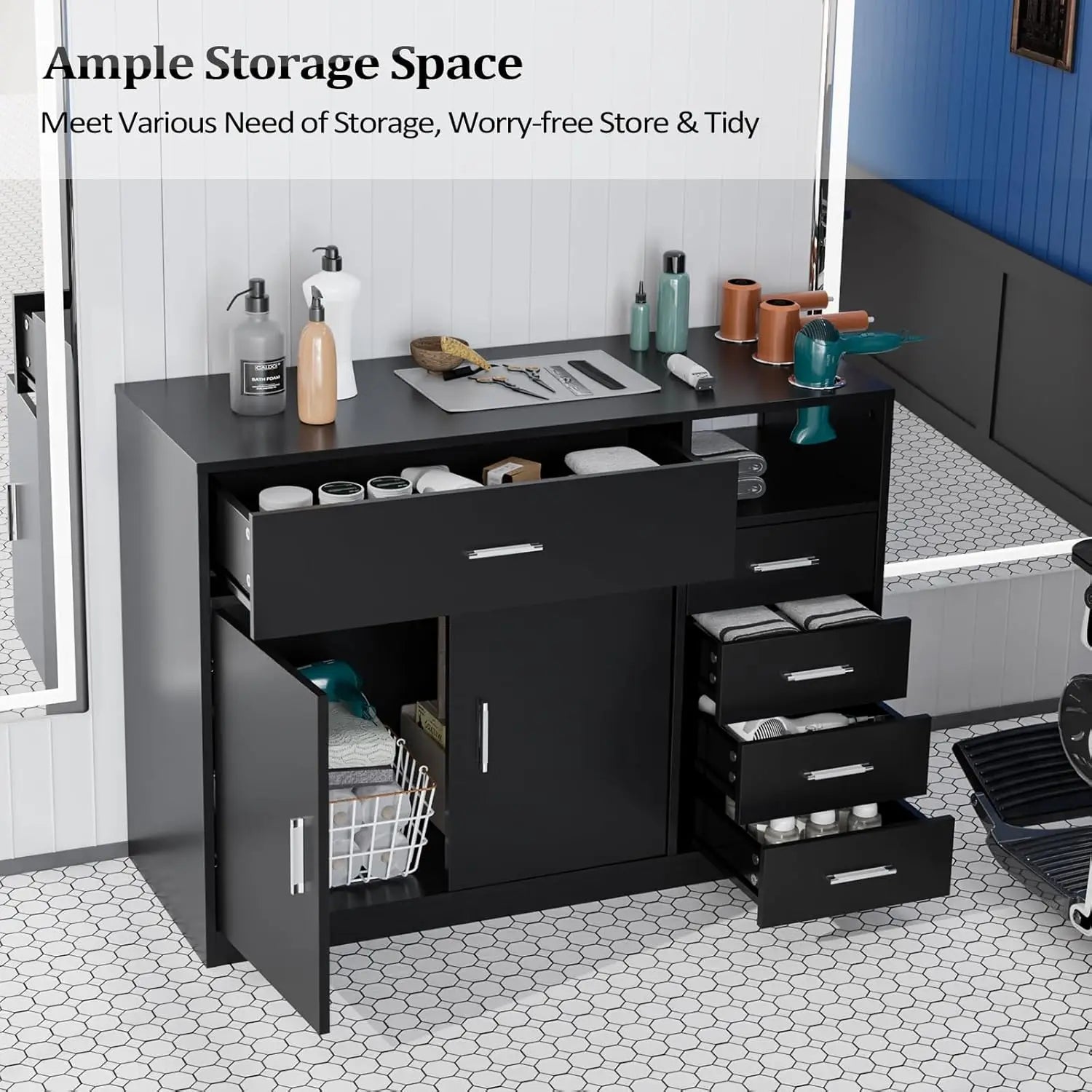Professional Salon Station with 5 Drawers, Storage Cabinet & Hair Dryer Holders - Heat Resistant, Waterproof for Home & Spa Use