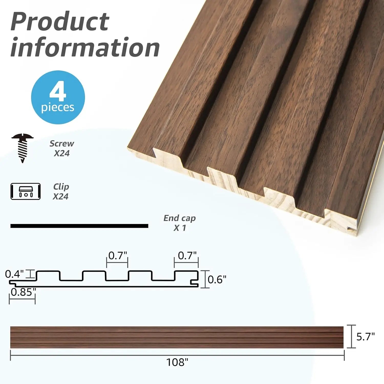 Slat Wood Wall Paneling for Interior and Ceiling Decoration - Pack of 4pcs + 1pc End-Trim, Size 108 x 5.7in.- Walnut
