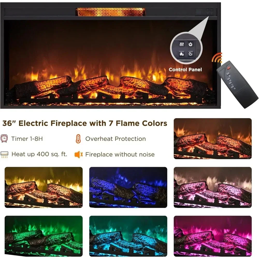 Fireplace TV Stand for 80" TV, Mid Century Modern Entertainment Center with 36" Electric Fireplace & Led Lights, Wood Media