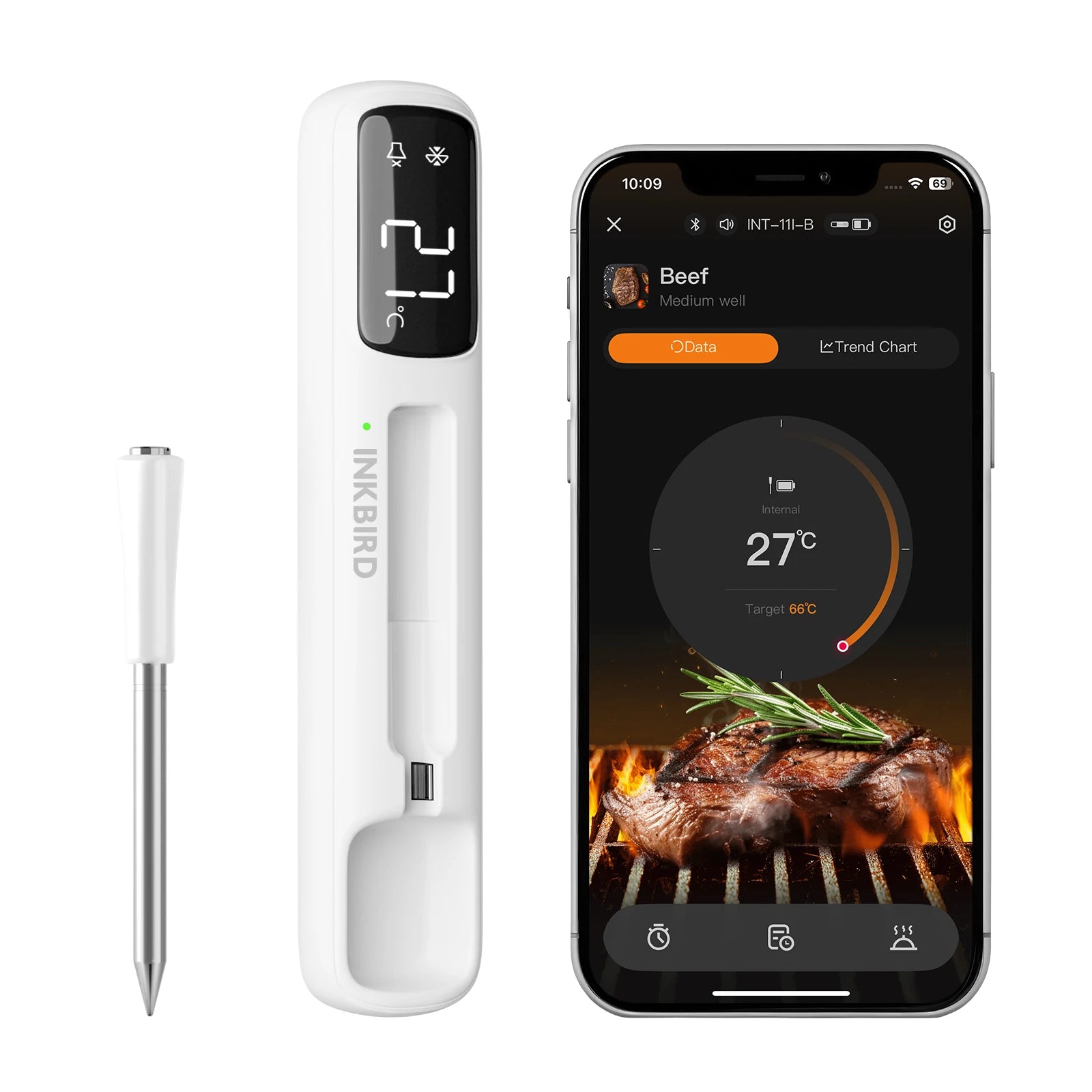 INKBIRD INT-11I-B Mini Wireless Meat Thermometer, Bluetooth 5.4 1000ft, 1s Response, IP67, 26 Presets, LED Display, for BBQ/Gril