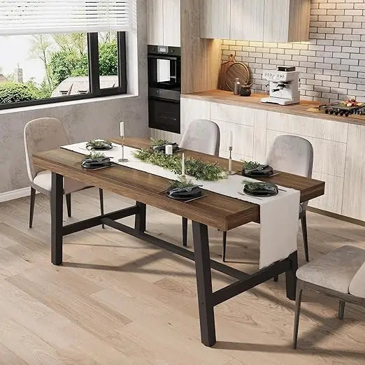 Industrial Style 63 Long Wooden Dining Table for 4-6 Seating with Metal Frame and Natural Wood Finish