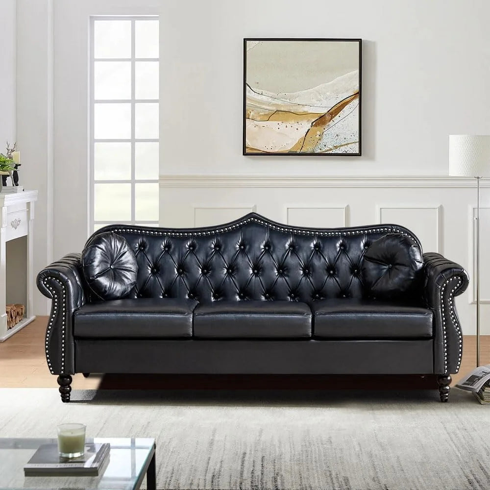 Chesterfield Three Seater Sofa, Mid-Century Modern Faux Leather 3-Seater Upholstered Couch, Tufted Living Room Sofa with 2 Pillows