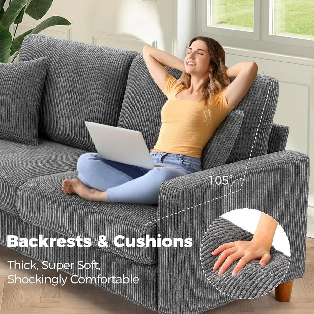 The New-70in Grey Sofa, Couches For Living Room 21" Extra Deep Seats, Comfy Corduroy Sofas For Living Room No Tool Assembly