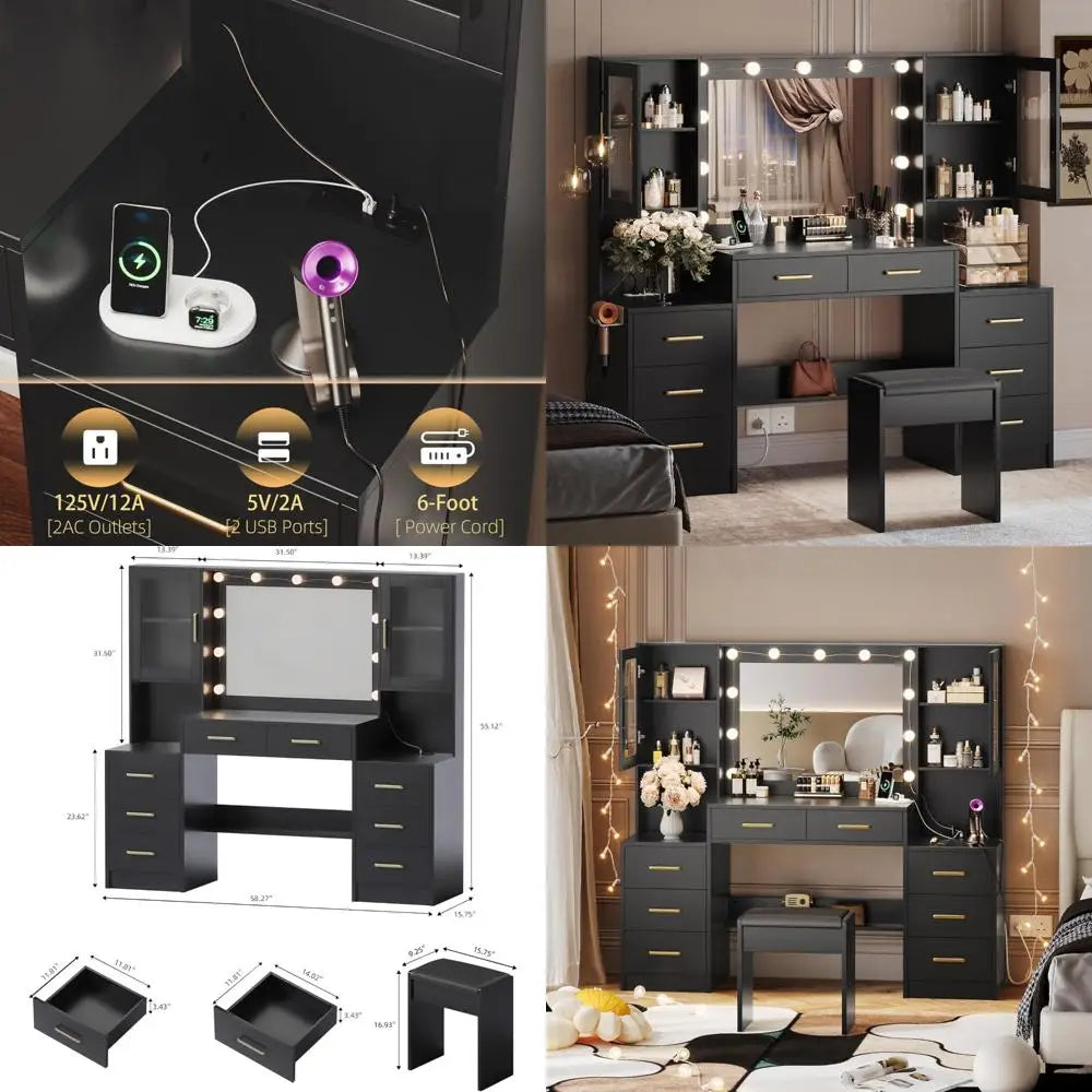 Illuminated Makeup Desk with 58.3" Mirror, Charging Station, and Storage for Beauty Essentials