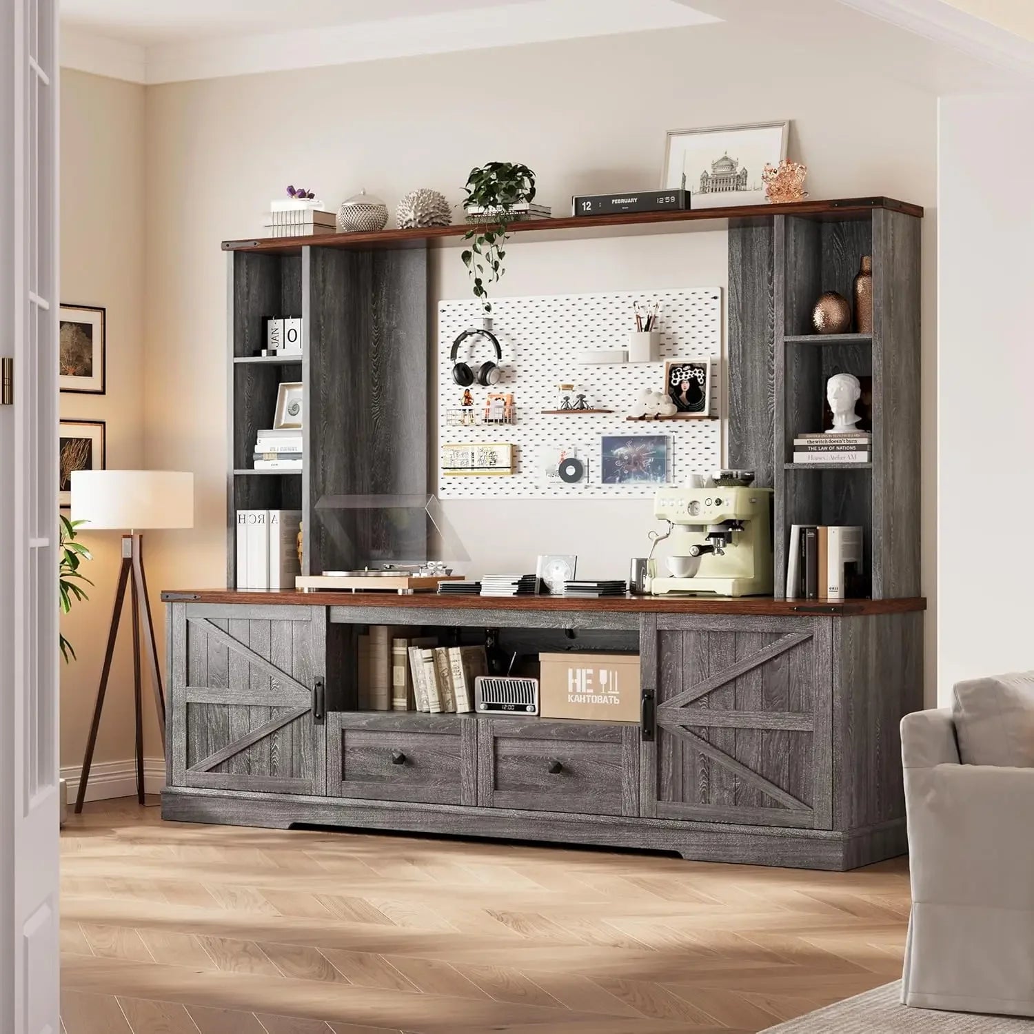 Wood TV Stand, Large Wall Unit Entertainment Center, Living Room with 2 LED Lights & Power Outlets, Storage Shelves ,Dark Grey