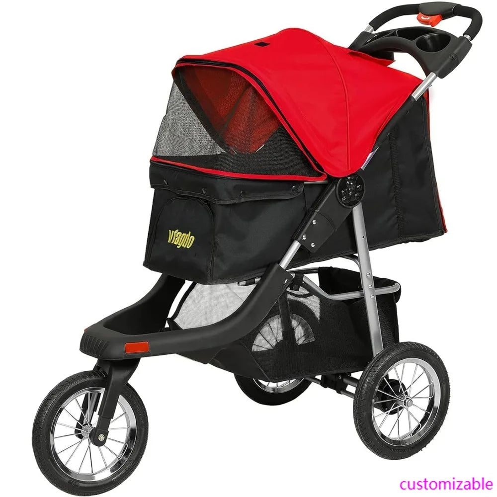 Rugged 3-Wheel Dog and Cat Stroller for Medium and Small Pets with Foldable Design and Suspension