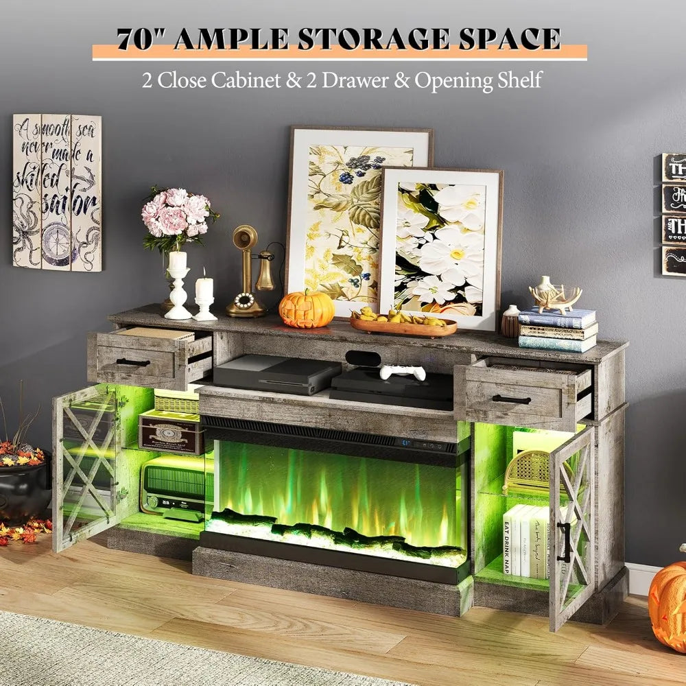 Farmhouse LED Fireplace TV Stand with 3-Sided Glass Fireplace, 70" Large Entertainment Center for TVs up to 80", Rustic TV Console