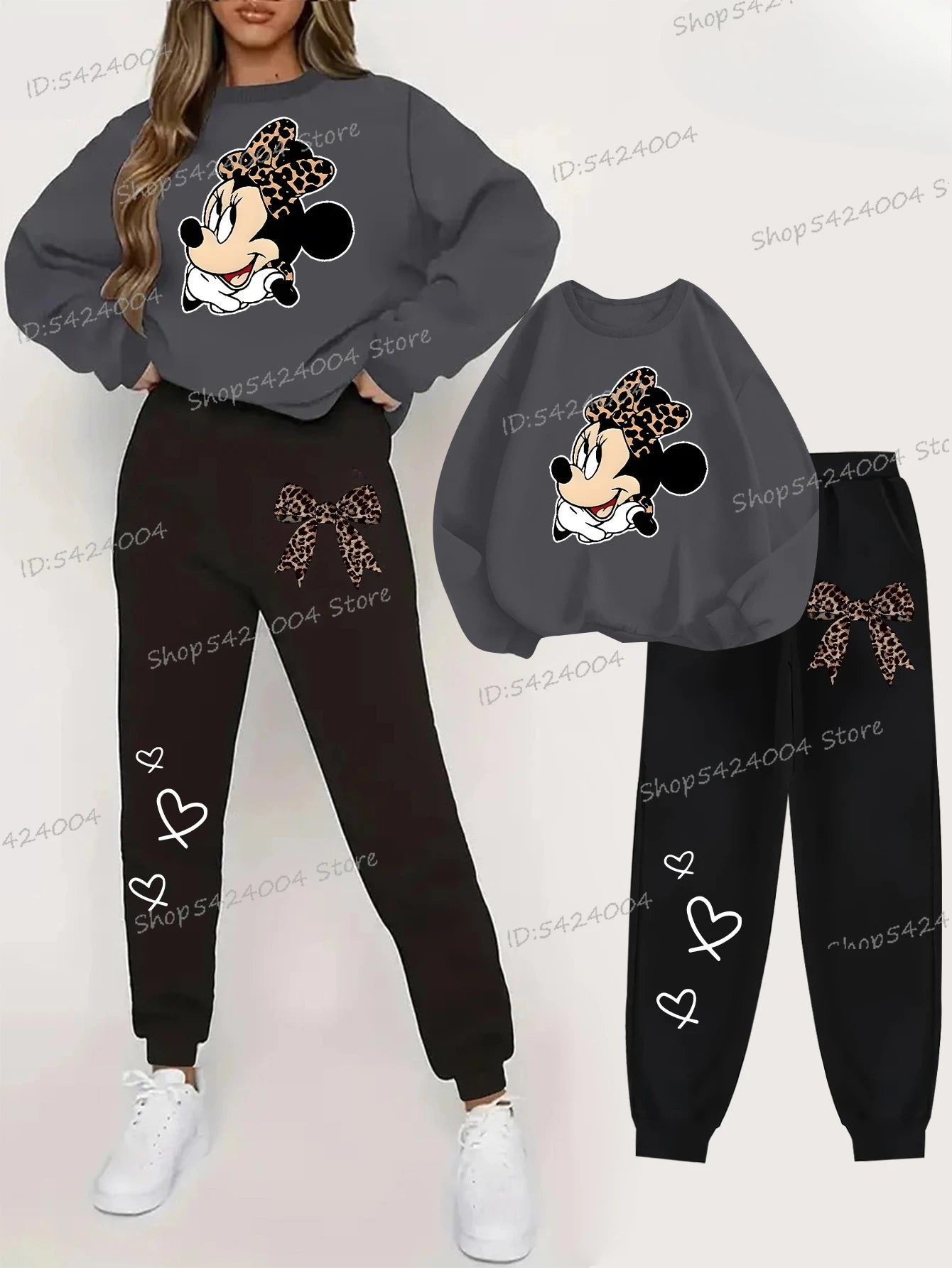 Cartoon Mickey Mouse Printed Two-Piece Set Women Fashion/ Minnie Sweatshirt + Pants 2Pc Suit Women Pullover Set