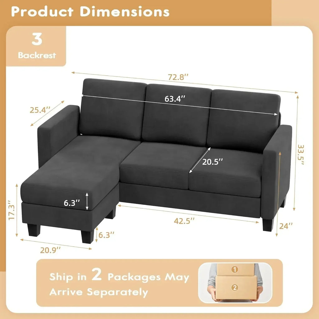 The New-Convertible Sectional Sofa Couch, 3 Seat L-Shaped Sofa With Linen Fabric Ottoman Small Couch For Small Apartments, Dark