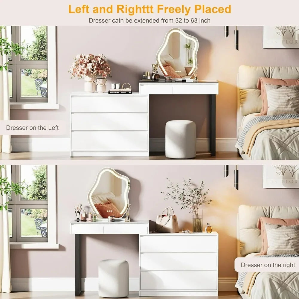 Modern L-Shaped Corner Vanity Desk with Glass Top, Mirror, and Lighting, 58-Inch Large Dressing Table with Two Drawers