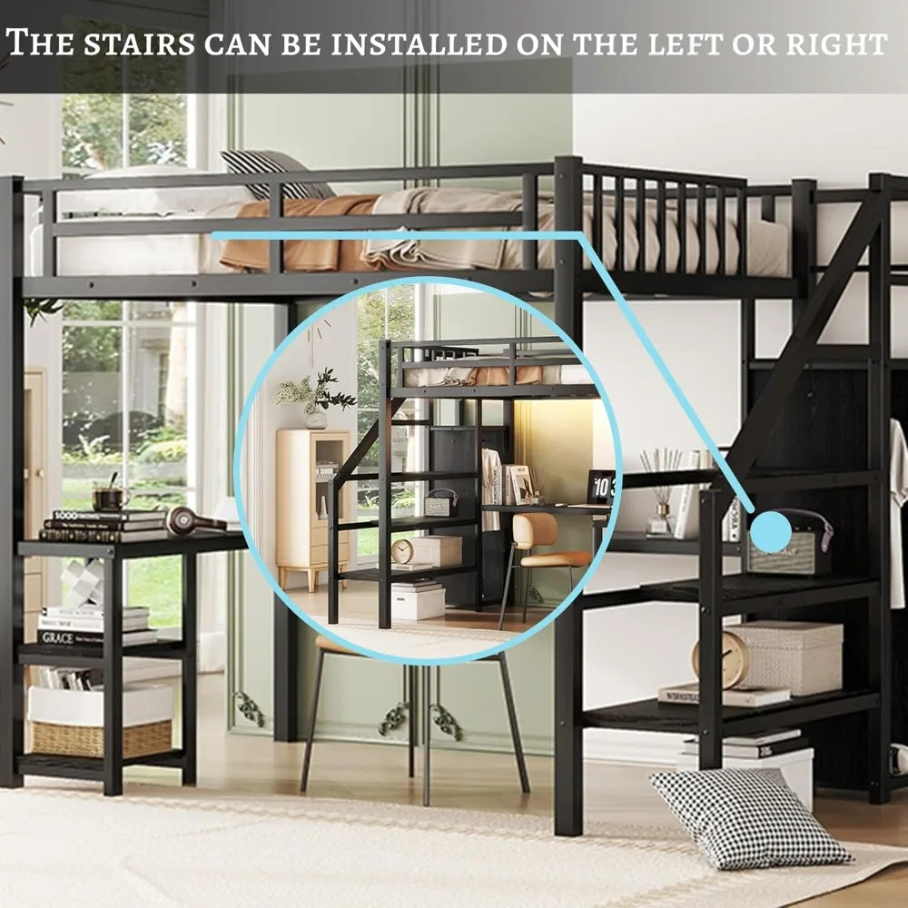 Full Size Gaming Loft Bed with LED Lights, Stairs, Desk & Storage Wardrobe for Adults Kids Teens