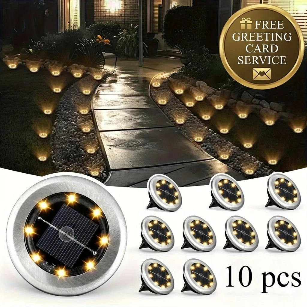 10pcs Solar Ground Light Outdoor Waterproof 8LED Disk Light for Garden Pathway, Yard, Driveway, Landscape Decorative In-ground Lamp