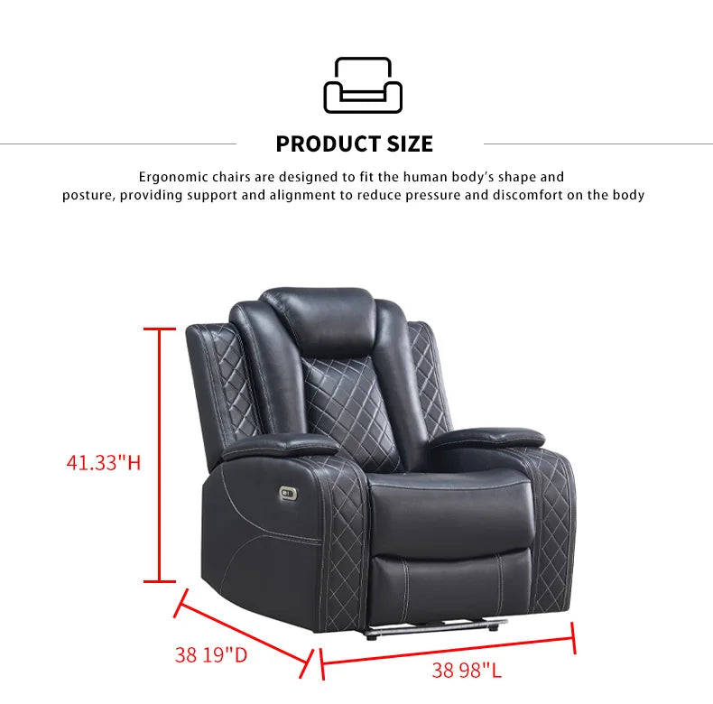 Power Reclining Sofa Couch with Wireless Charger/ 3 Seater Recliner/Reading Light Leather/ Bluetooth Speaker/ Theater Seating LED