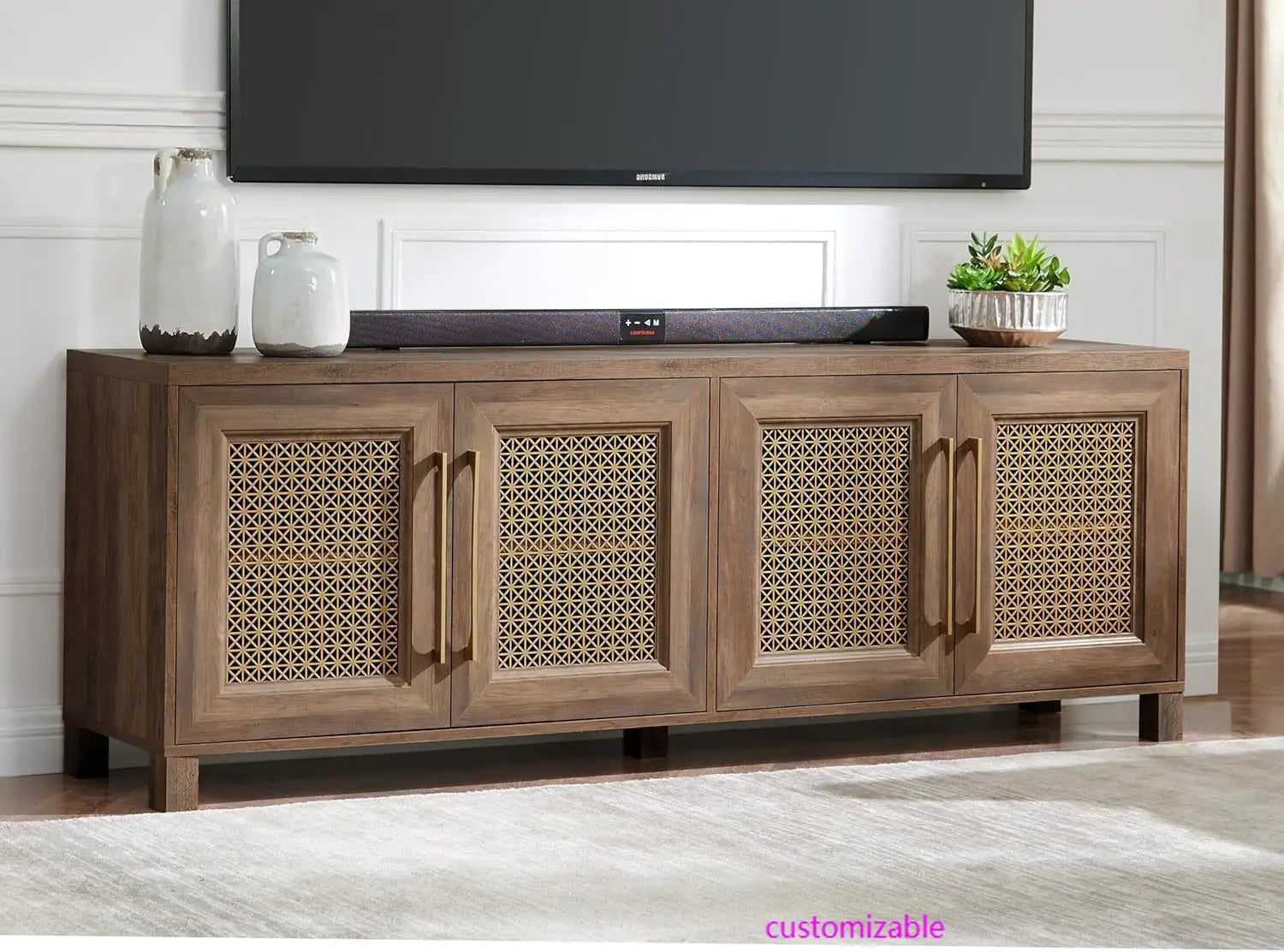 TV Stand for TVs Up to 75", 69.5" Rustic Oak Entertainment Center with 4 Gold Metal Mesh Doors