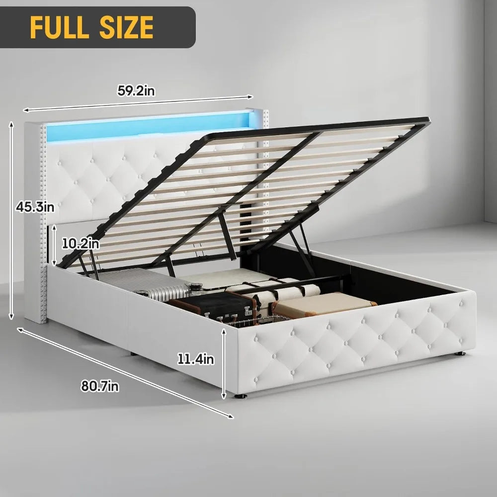 Full Size Bed Frame with LED Headboard & Lift Up Storage, Velvet Upholstered