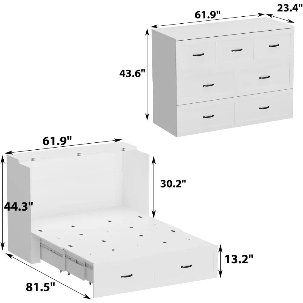 Multi-Functional Murphy Cabinet Bed, Queen Size Bed Frame, Murphy Bed Chest with Built-in Power Strip & Drawers