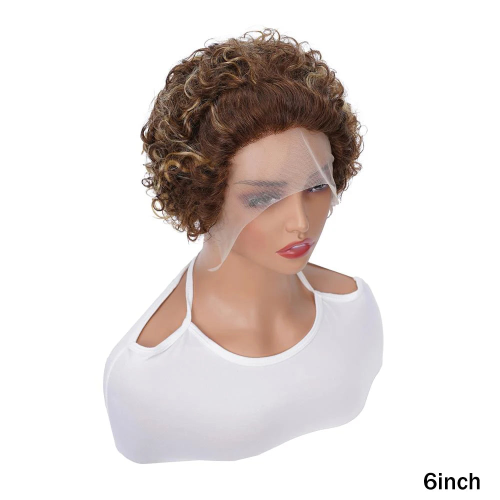 P4/27 Short Pixie Cut Curly Styled Bob Wig Hightlight Lace Front Wig Deep Wave Short P4/27 13x1 100% Human Hair Daily Wig 6inch