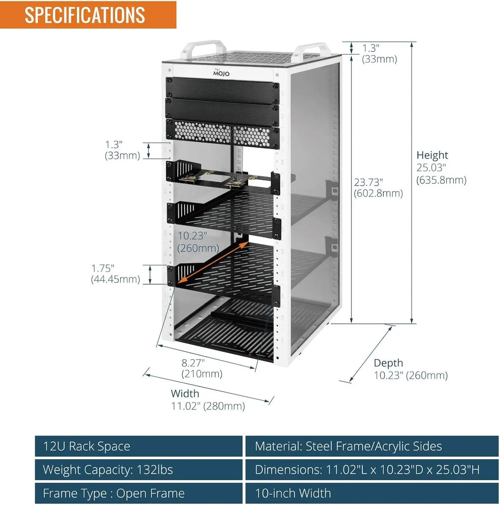 12U Mini Server Rack, 10 Inch Deep with Translucent Panels & Handles for IT Equipment & AV Devices, White