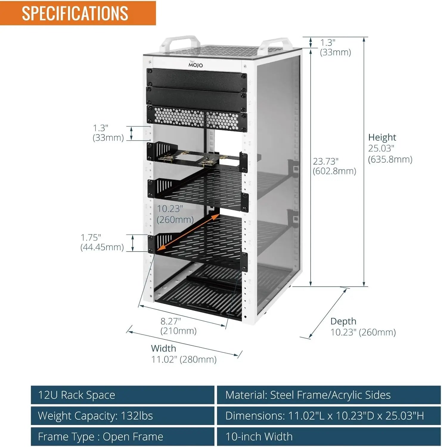 12U Mini Server Rack, 10 Inch Deep with Translucent Panels & Handles for IT Equipment & AV Devices, White