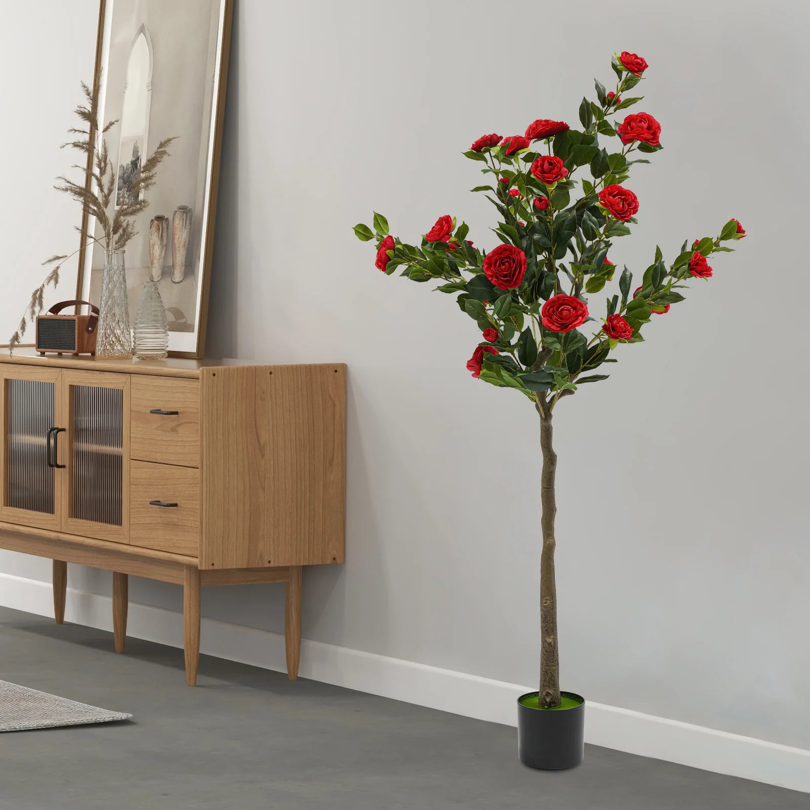 Simulated Tree Camellia Plant In Pot/ Lifelike Trunk/ Red Artificial Camellia Trees for Balconies/Shopping Malls/Exhibitions