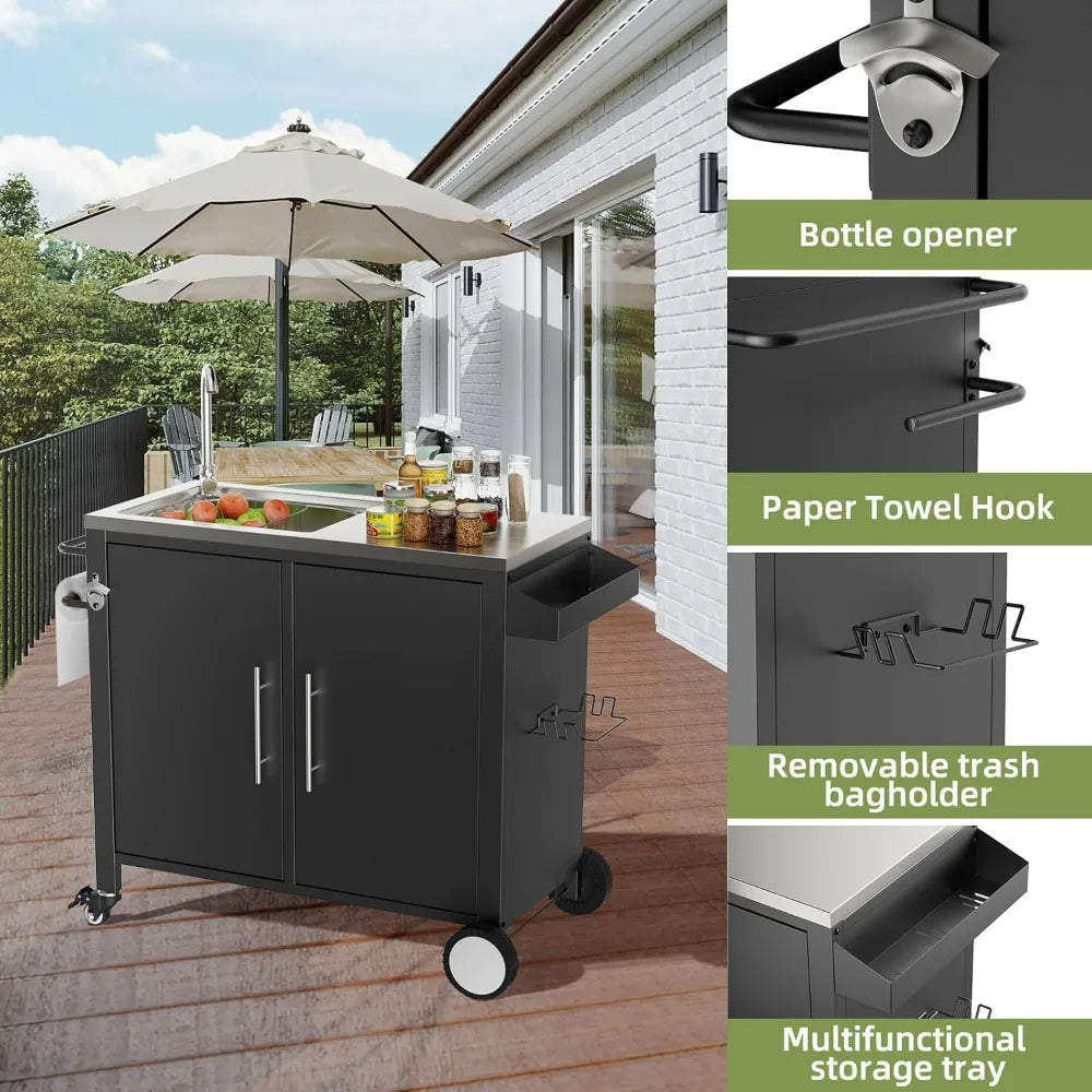 Stainless Steel Outdoor Grill Table with Sink and Storage Cabinet