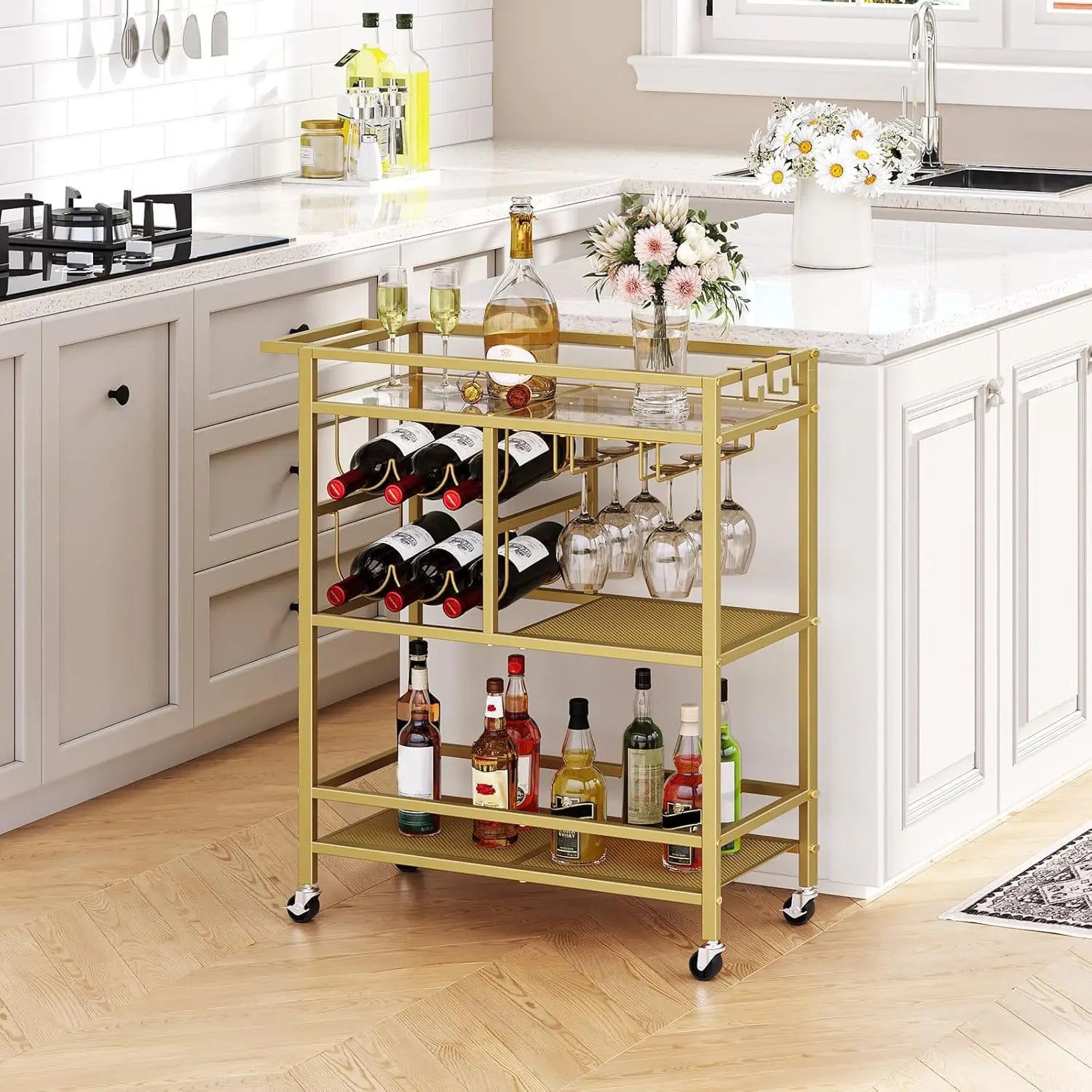 Bar Cart for Home, 3-Tier Serving Cart with Wheels and Handle, Beverage Cart with Wine Rack and Glass Holders
