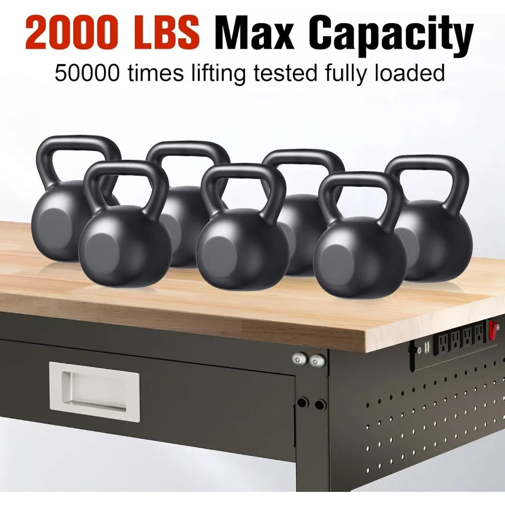 60" Garage Workbench with Storage Drawers, Adjustable Table, Large Pegboard, and Strip Lighting, Supporting 2000 LBS