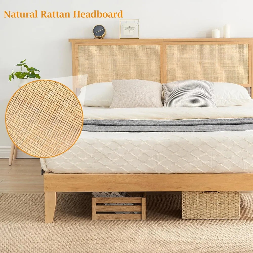 Rattan Bed Frame Queen with Natural Rattan Headboard, Queen Bed Frame with LED Lights, with Headboard, Solid