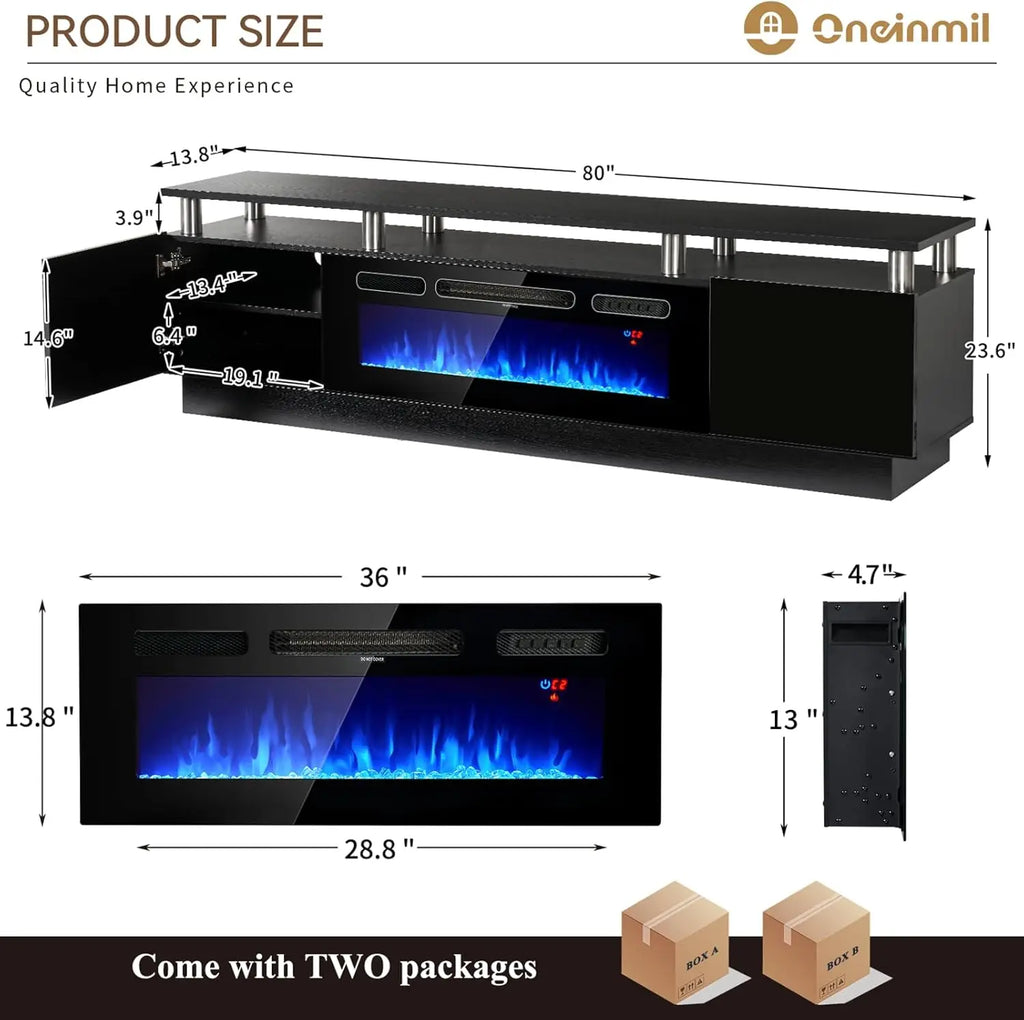 Fireplace TV Stand with 36” Electric Fireplace, 2 Tier TV Console Stand for TVs Up to 90"", LED Light Entertainment Center