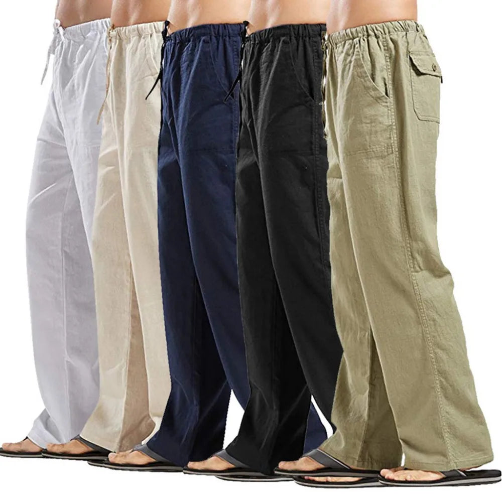 Men's Cotton Linen Pants/ Summer Solid Color Breathable Linen Trousers/ Male Casual Elastic Waist Fitness Pants