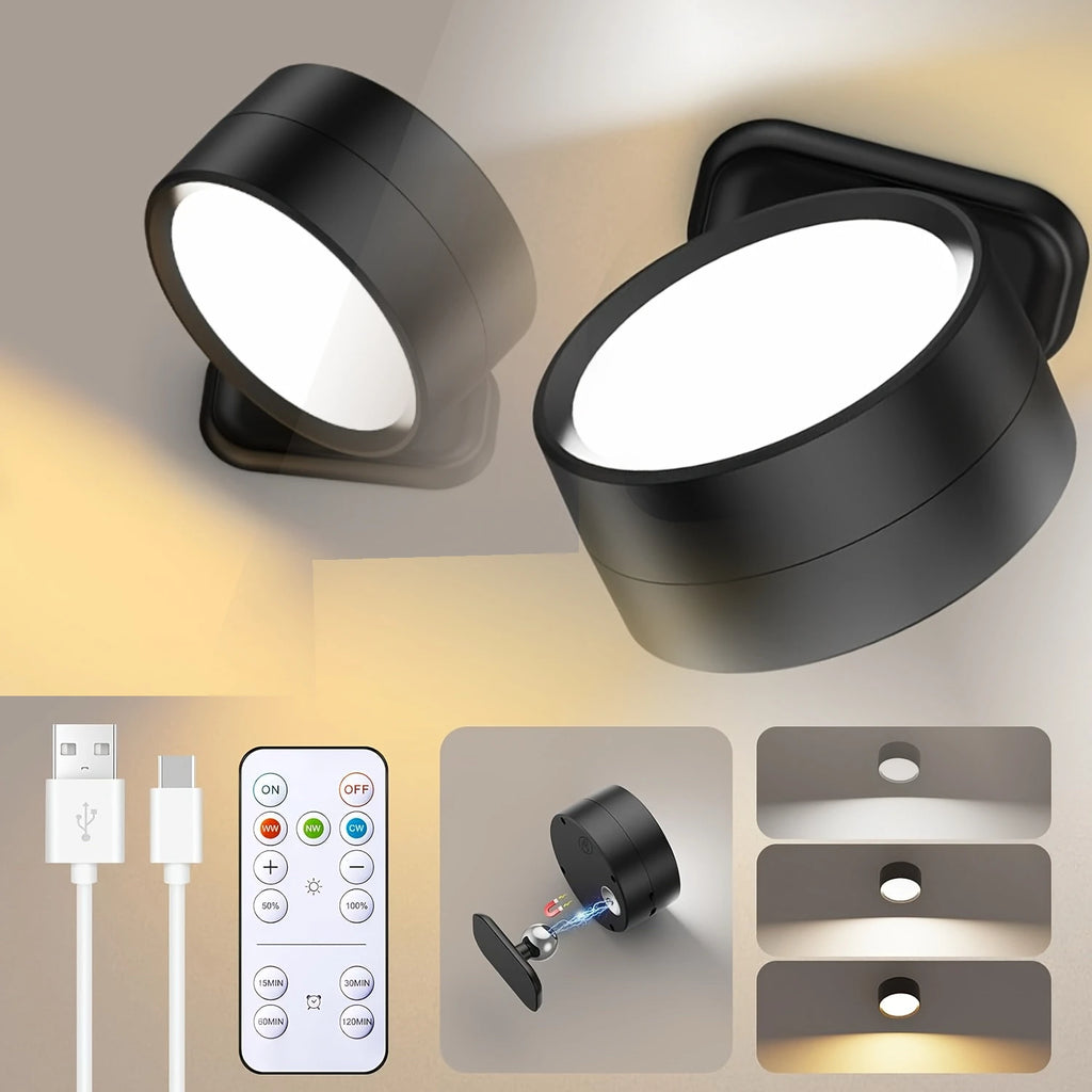 2PCS Magnetic LED Wall Sconce Light/ USB Rechargeable /Dimmable 3 Color Temperatures/ Warm/ Cool /Daylight Remote & Touch Dual Control 360° Rotation Wall Mount Lamp for Bedroom/ Study/ Reading/ Living Room/ Hallway/ Closet/