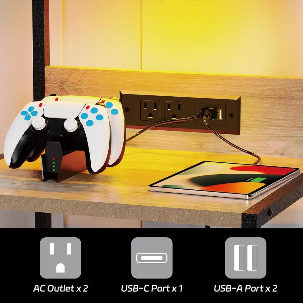 LED Lighted 3-Drawer Nightstand with Charger Station, Storage Shelves, and Hooks for Bedroom or Dorm