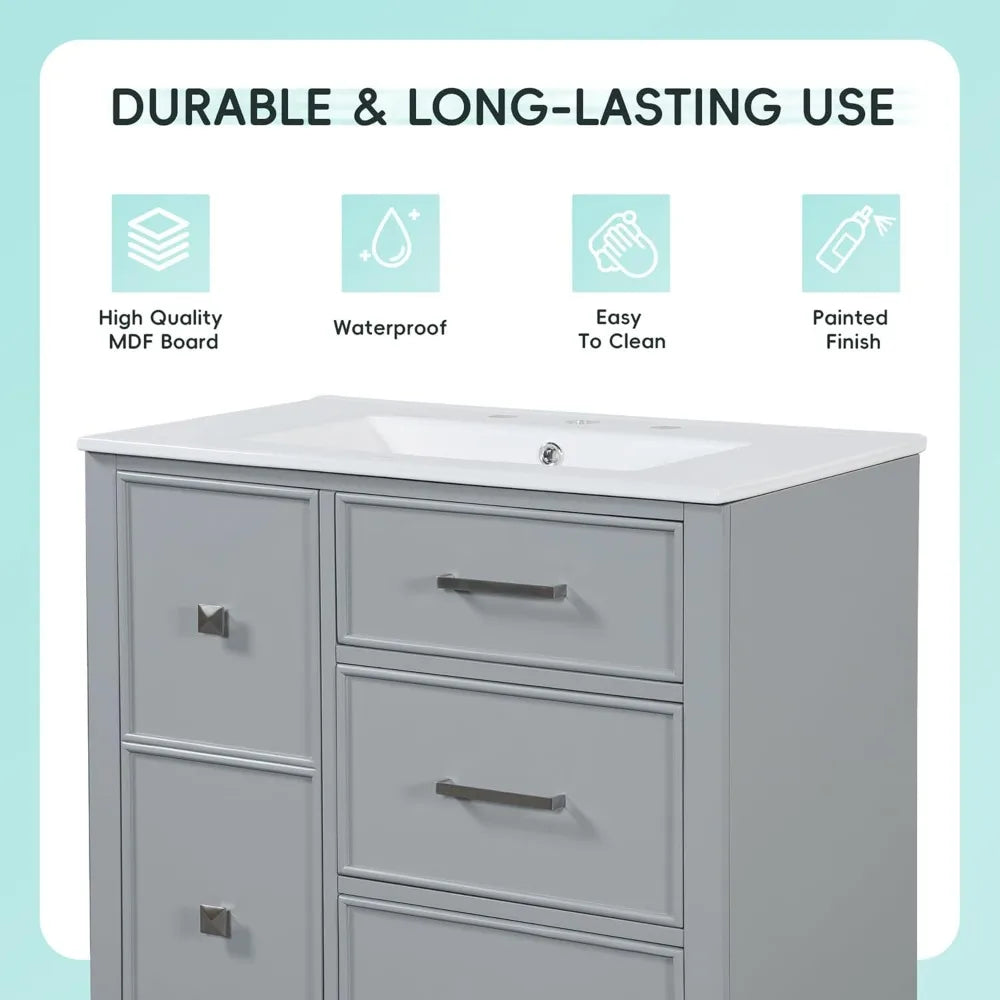 30" Solid Wood Bathroom Vanity with Ceramic Sink and Multi-Function Storage