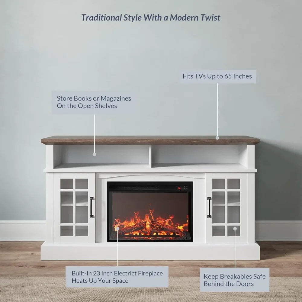 Traditional 58" Rustic TV Stand with 23" Electric Fireplace Heater with Sound, Media Entertainment Center Console Table for TV