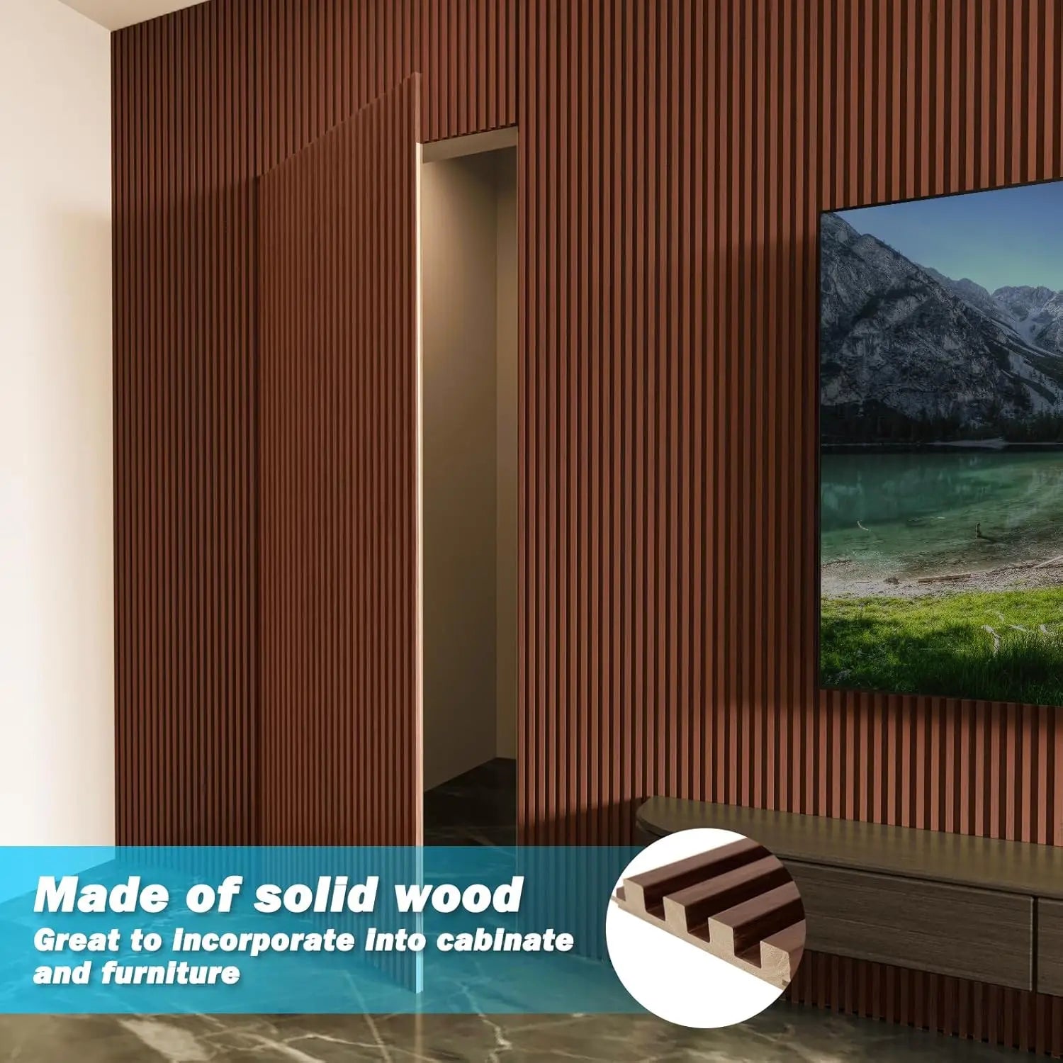 Slat Wood Wall Paneling for Interior and Ceiling Decoration - Pack of 4pcs + 1pc End-Trim, Size 108 x 5.7in.- Walnut