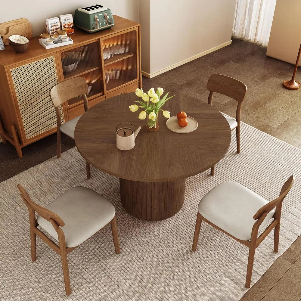 Round Dining Table for 4, Modern Farmhouse Kitchen Table, 47" Small Circle Dining Table with Wood Strip Base