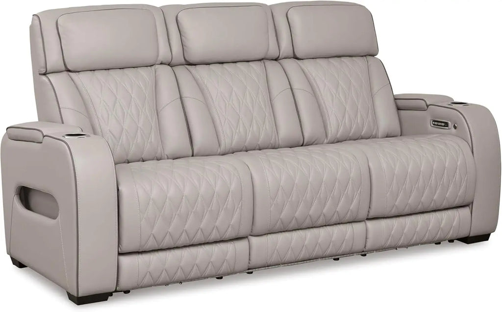 Boyington Contemporary Leather Match Power Reclining Sofa with USB Charging Ports, LED Lights and Adjustable Headrest, Gray