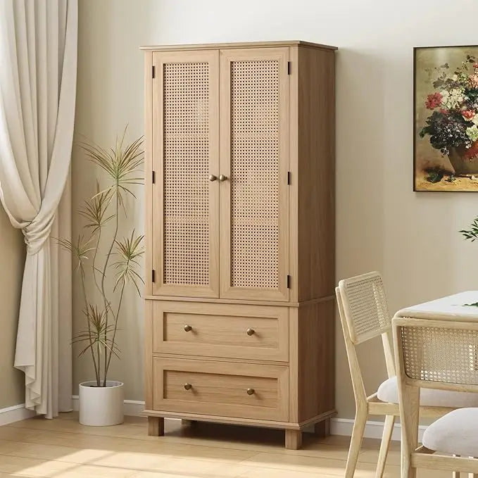 Kitchen Pantry Storage Cabinet, Tall Cabinet with Rattan Doors and 2 Drawers, Freestanding Cupboard, Adjustable Shelves, Utility