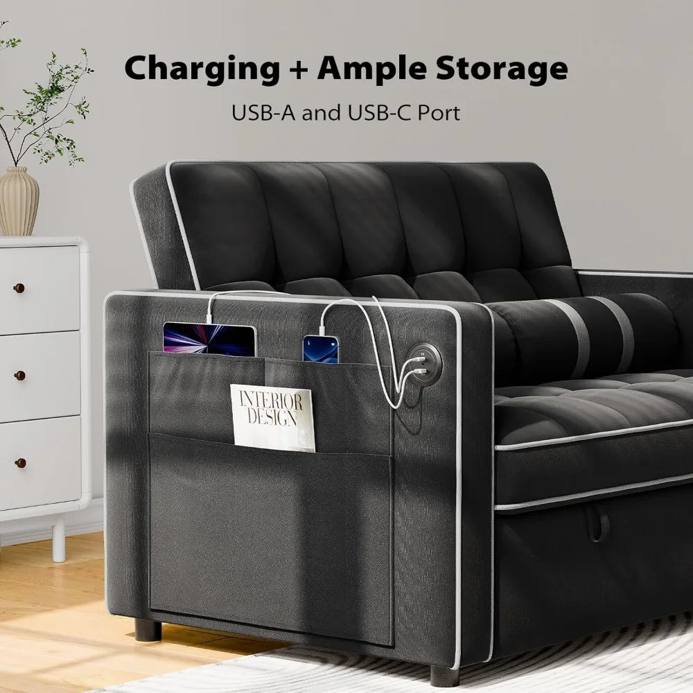3 in 1 Convertible Sleeper Sofa Bed, Pull Out Couch for Living Room with USB Ports & Side Pockets, Adjustable Backrest ,Velvet