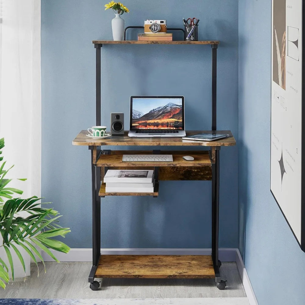 3 Tiers Rolling Computer Desk with Keyboard Tray and Printer Shelf for Home Office, Mobile Computer Desk for Small Space, Retro