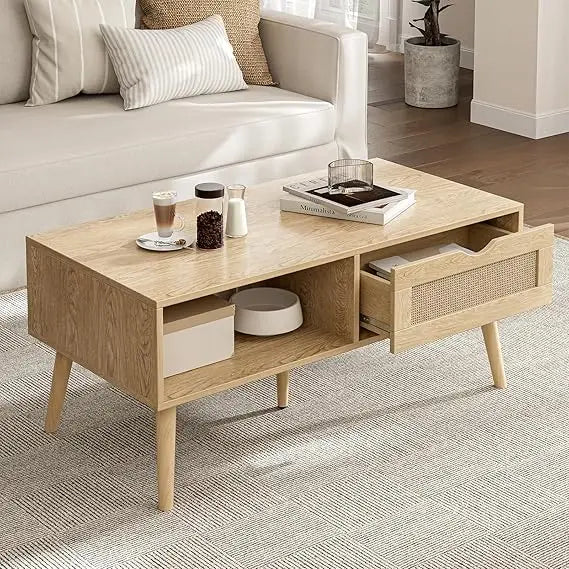 Storage Coffee Table, Bohemian Rattan Drawer , Compact Coffee Tables for Living Spaces, Oak Finish