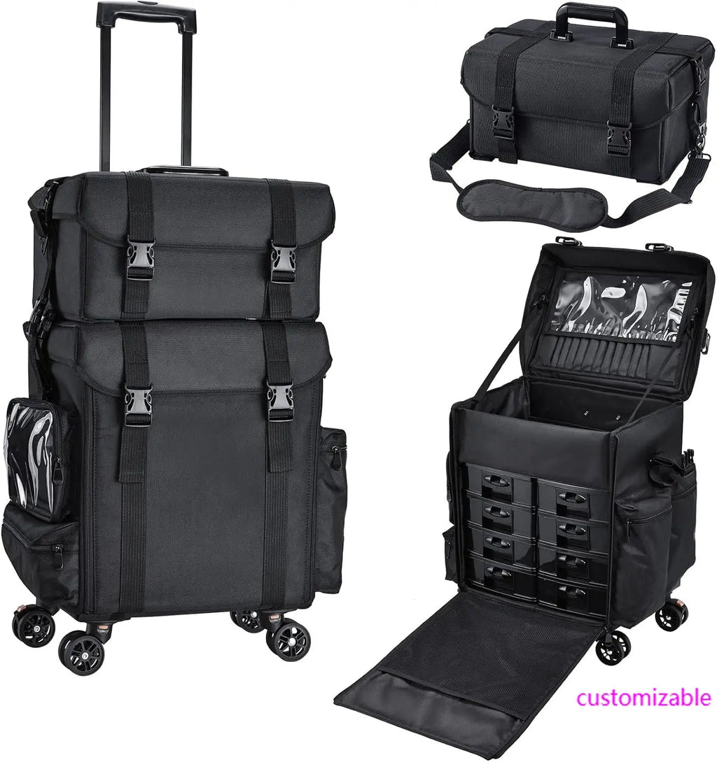 Professional Rolling Makeup Case Soft Sided Cosmetology Organizer Wheeled Nylon Train Case Portable Travel Supply Station