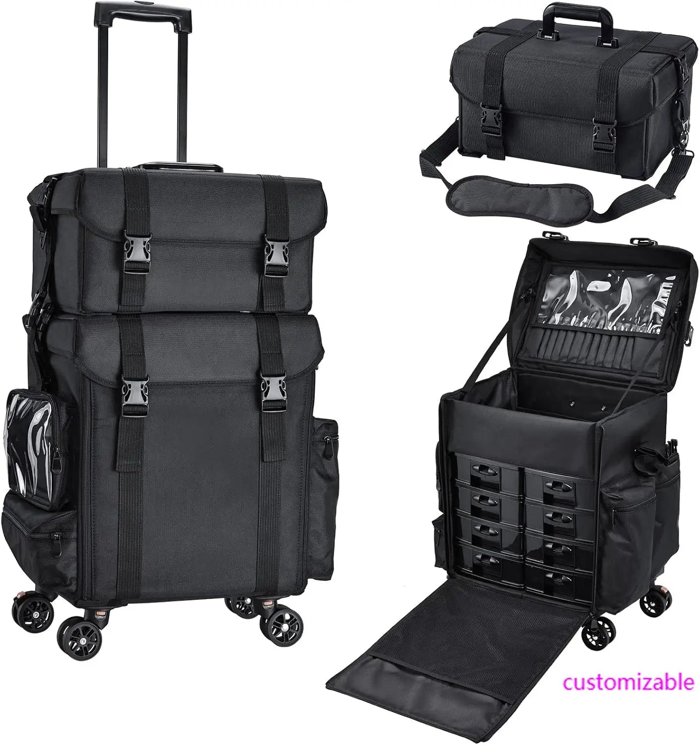 Professional Rolling Makeup Case Soft Sided Cosmetology Organizer Wheeled Nylon Train Case Portable Travel Supply Station