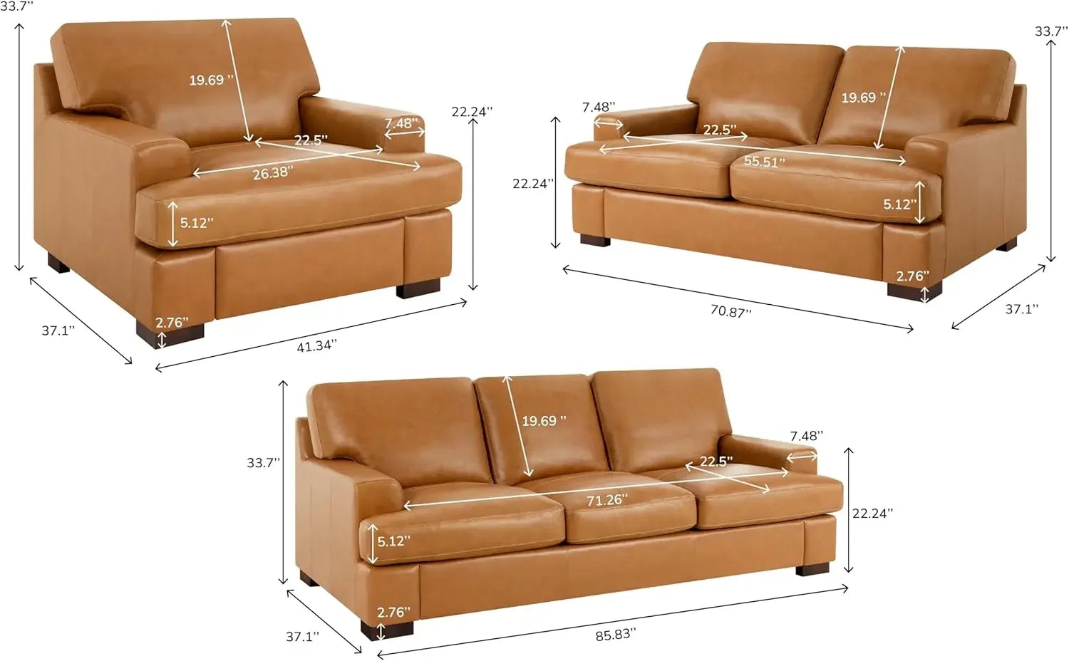 Genuine Leather Sofa - Set of 3 Luxurious Comfort, Goose Feather Cushion Filling, Square Arm Design, Sturdy Block